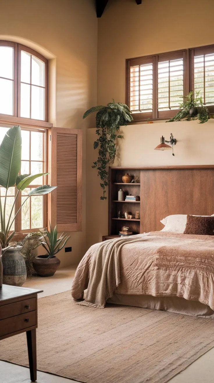 Bathed in natural light, this serene master bedroom blends relaxed elegance with bohemian charm through its rich wood accents and curated greenery.