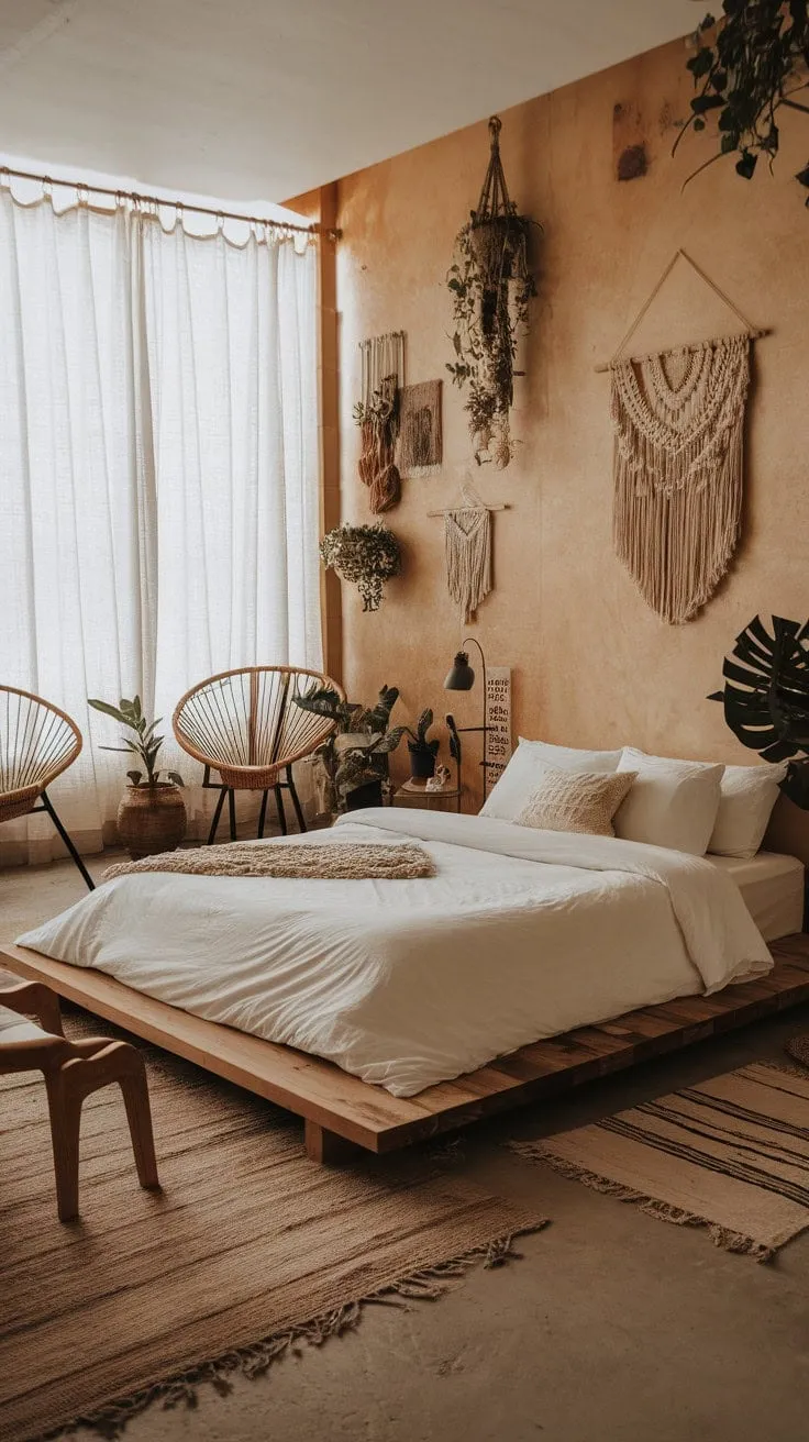 Awaken in a serene boho sanctuary where sunlight dances through white curtains, inviting peaceful slumber amidst lush greenery and cozy textures.