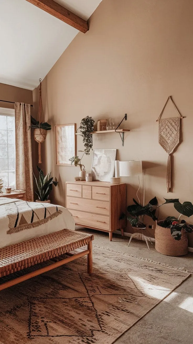 This earthy-boho master bedroom refresh harmoniously blends expansive high ceilings and natural textures, creating a tranquil sanctuary where comfort meets refined design.