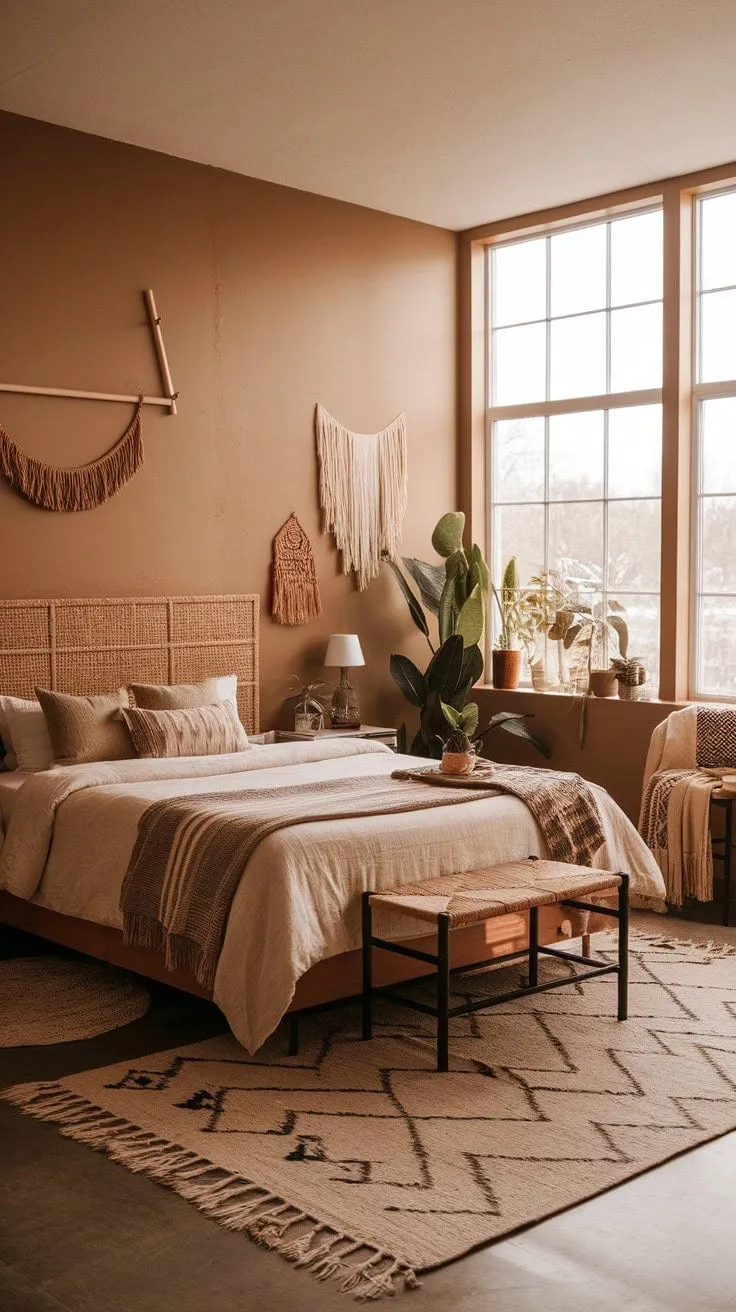 Sunlight dances through the windows of this boho haven, where a woven headboard and curated details create a chic yet comforting retreat.
