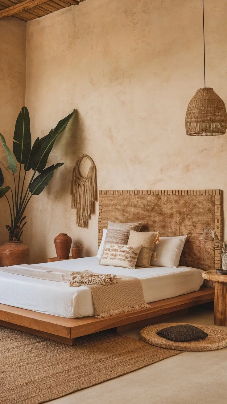Nestled in an earthy boho sanctuary, this bedroom invites you to unwind amidst textured walls and woven wonders, celebrating the art of mindful living.