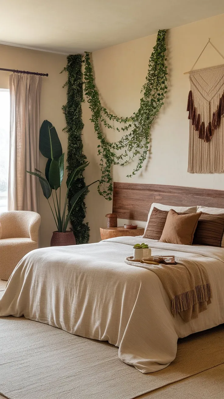 Create a tranquil earthy bedroom with boho accents, where a cozy bed and natural decor invite relaxation and inspire a stylish bedroom refresh.