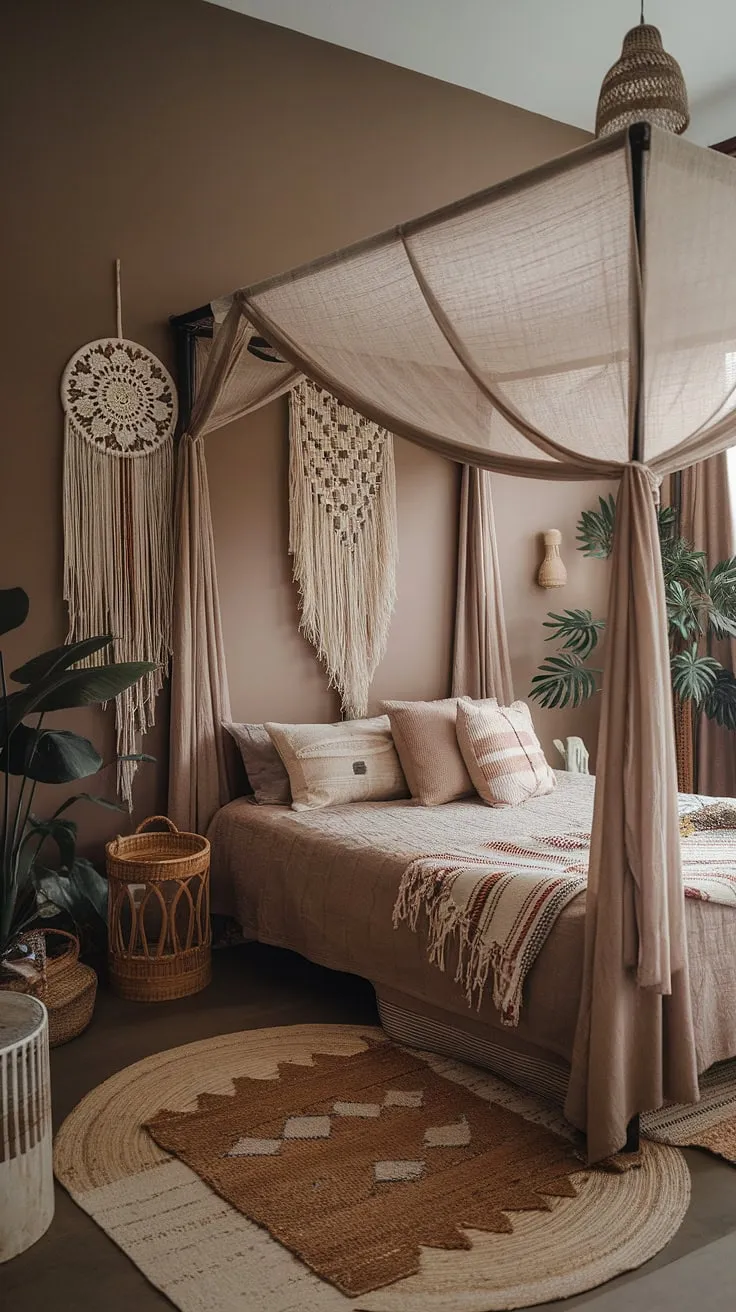 Create a cozy bedroom oasis with earthy design elements and boho decor, including a canopy bed and woven rug, perfect for a stylish bedroom remodel.