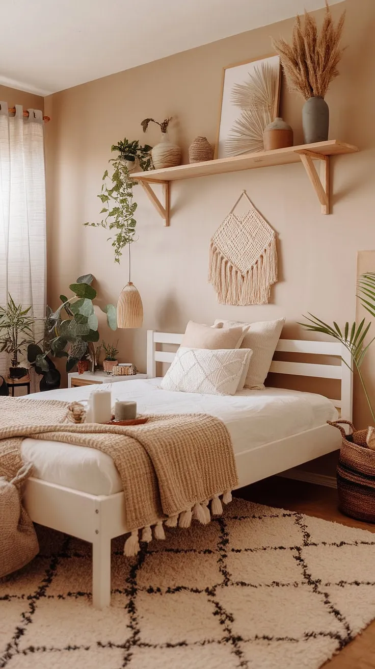 Create a cozy bedroom oasis with earthy design elements in your bedroom remodel, showcasing a boho aesthetic that invites relaxation.