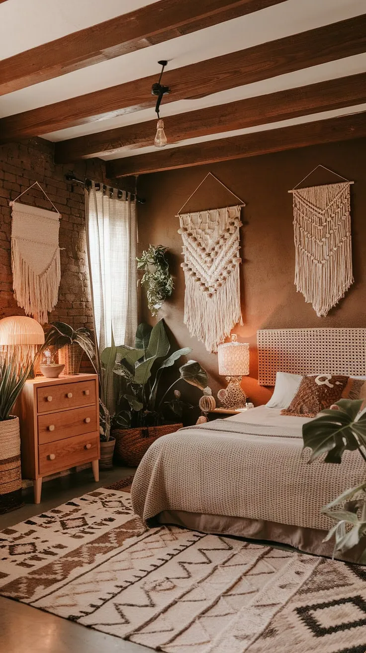 This earthy bedroom, featuring boho decor, wooden beams, exposed brick, and lush plants, offers a cozy ambiance perfect for a refreshing master bedroom design or remodel.
