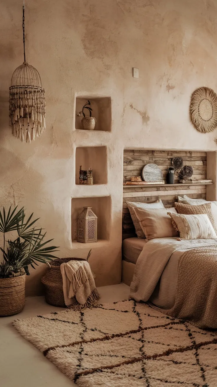 Create a cozy bedroom oasis with earthy design elements in your bedroom remodel, showcasing a boho aesthetic through soft bedding and natural decor.