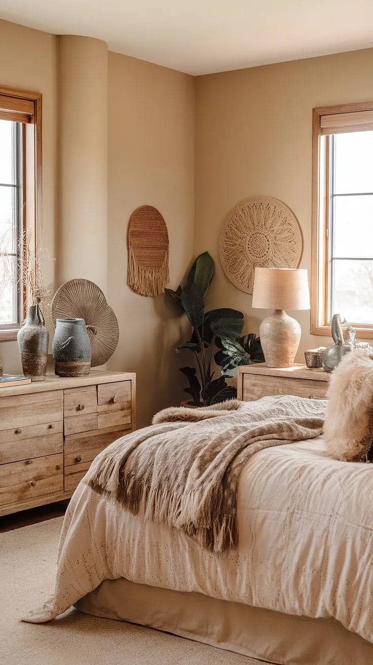 This earthy bedroom design features warm tones and textured bedding, creating a cozy boho atmosphere perfect for a bedroom refresh.