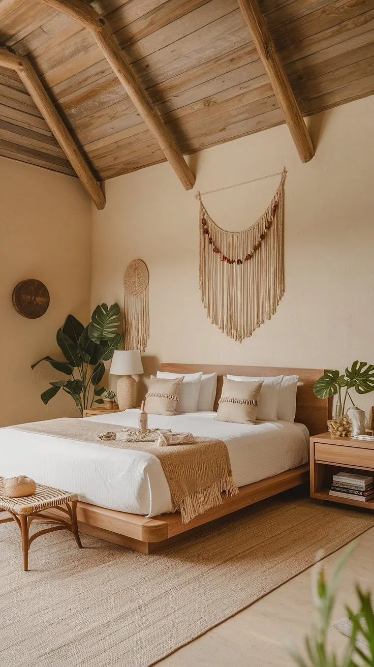 This earthy bedroom features cozy boho decor with a wooden bed, beige accents, and lush plants, perfect for a refreshing master bedroom design.