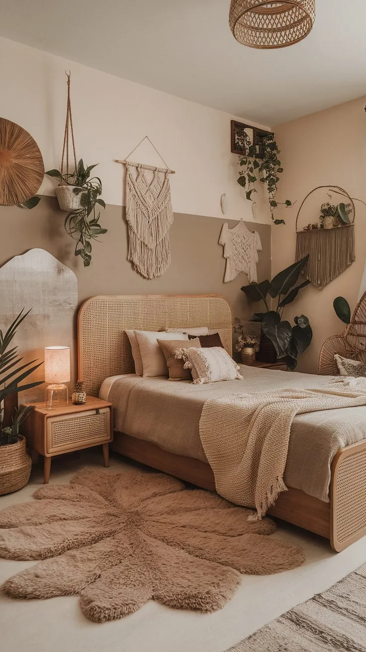 With its natural materials and inviting atmosphere, this earthy bedroom remodel showcases a stylish boho-chic decor ideal for a cozy bedroom refresh.