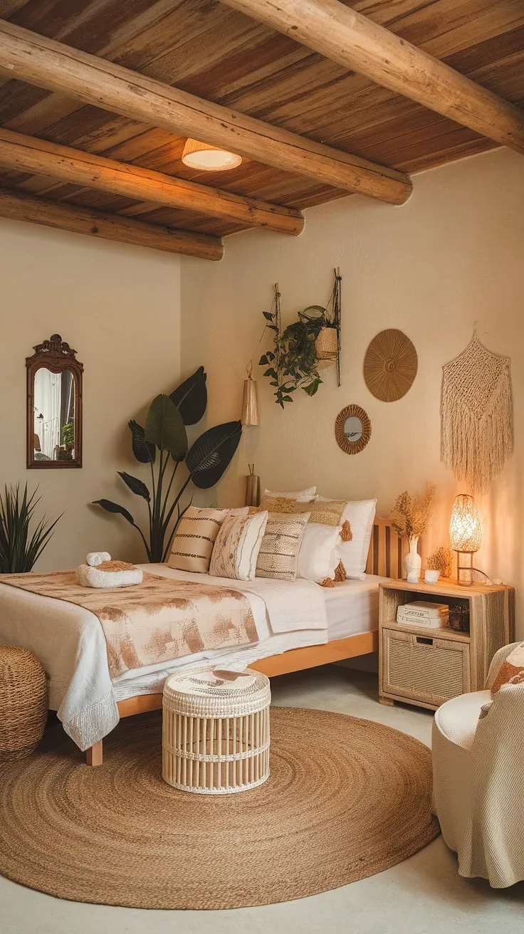Transform your master bedroom with a cozy, earthy boho design featuring natural elements like a wooden beam ceiling and decorative plants for a refreshing bedroom remodel.