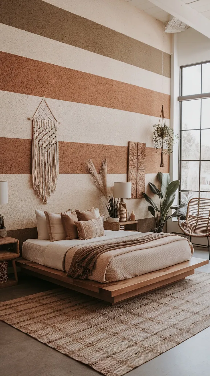 Transform your master bedroom into an earthy haven with cozy boho decor, featuring textured walls, a wooden platform bed, and natural elements for a refreshing bedroom remodel.
