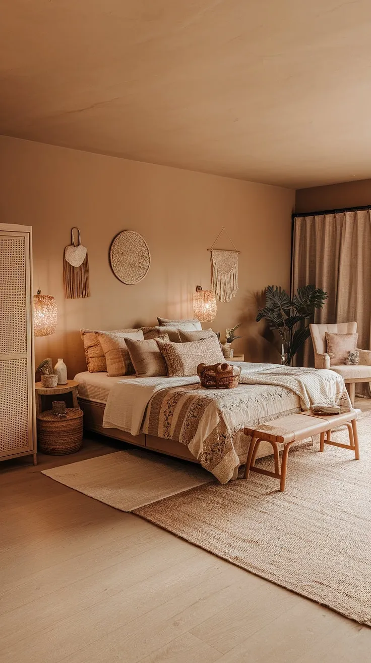 With its warm beige walls and plush furnishings, this earthy bedroom captures the essence of a cozy boho retreat ideal for a bedroom refresh.