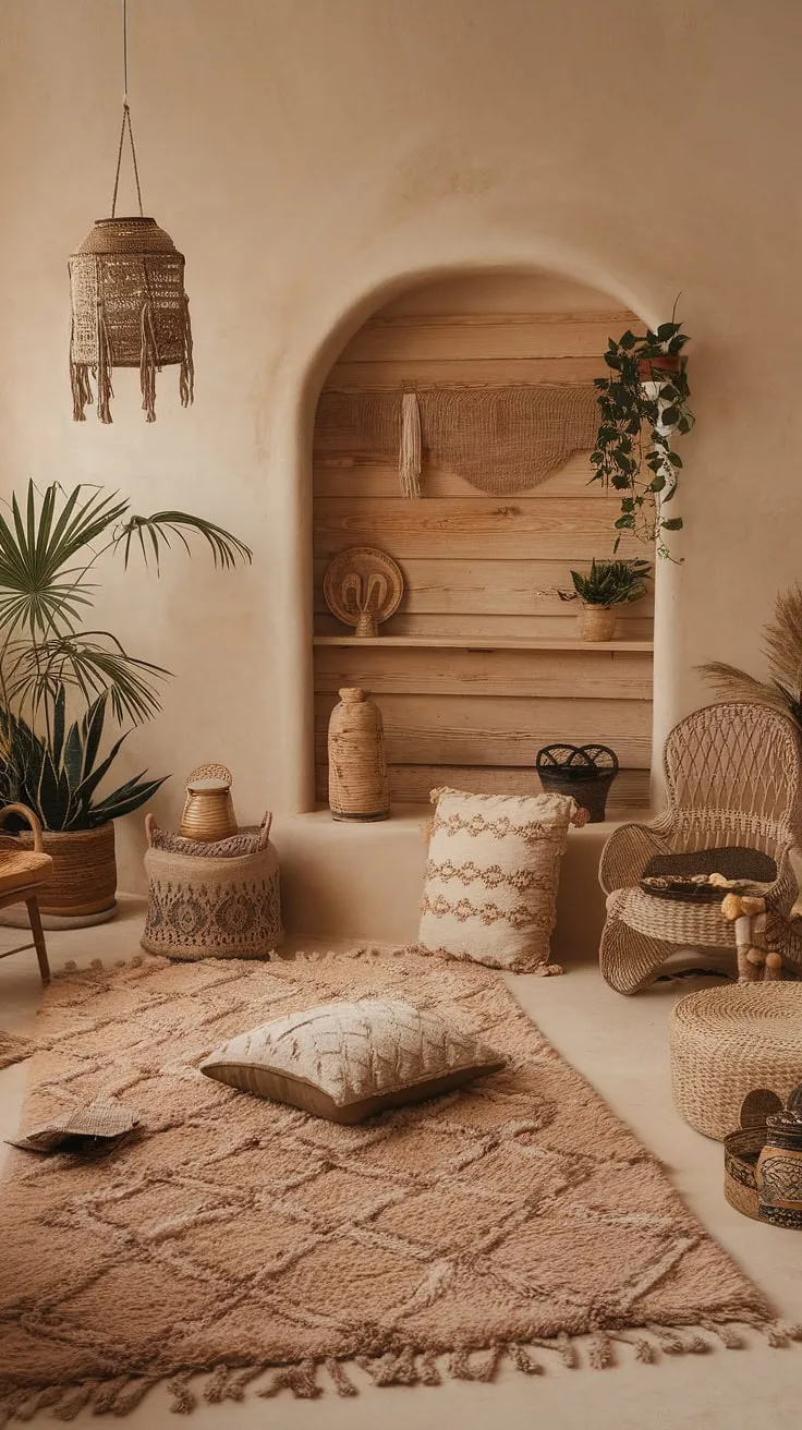 Create a cozy bedroom oasis with earthy design elements and boho decor, perfect for a refreshing bedroom remodel that invites relaxation.