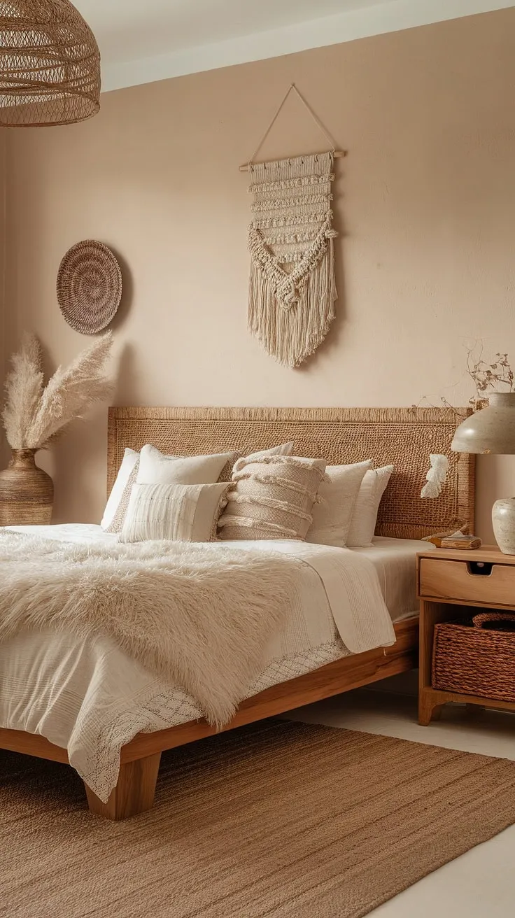 Transform your master bedroom with earthy decor and cozy elements for a refreshing boho vibe that invites relaxation.