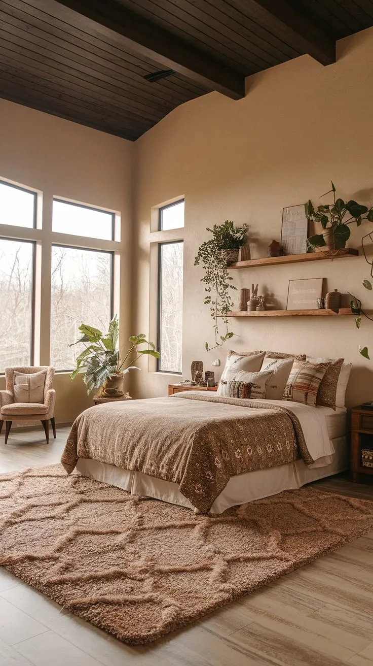 This cozy, earthy bedroom features boho decor with a natural color palette, plush textures, and abundant light, making it the perfect choice for a refreshing master bedroom design.