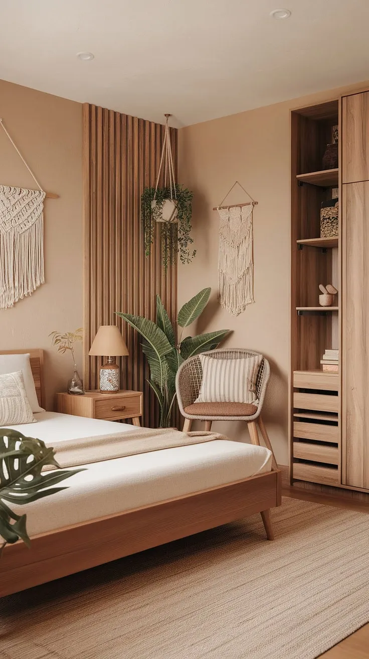 Create a cozy bedroom atmosphere with earthy design elements in your bedroom refresh, showcasing a harmonious blend of boho decor and natural textures.