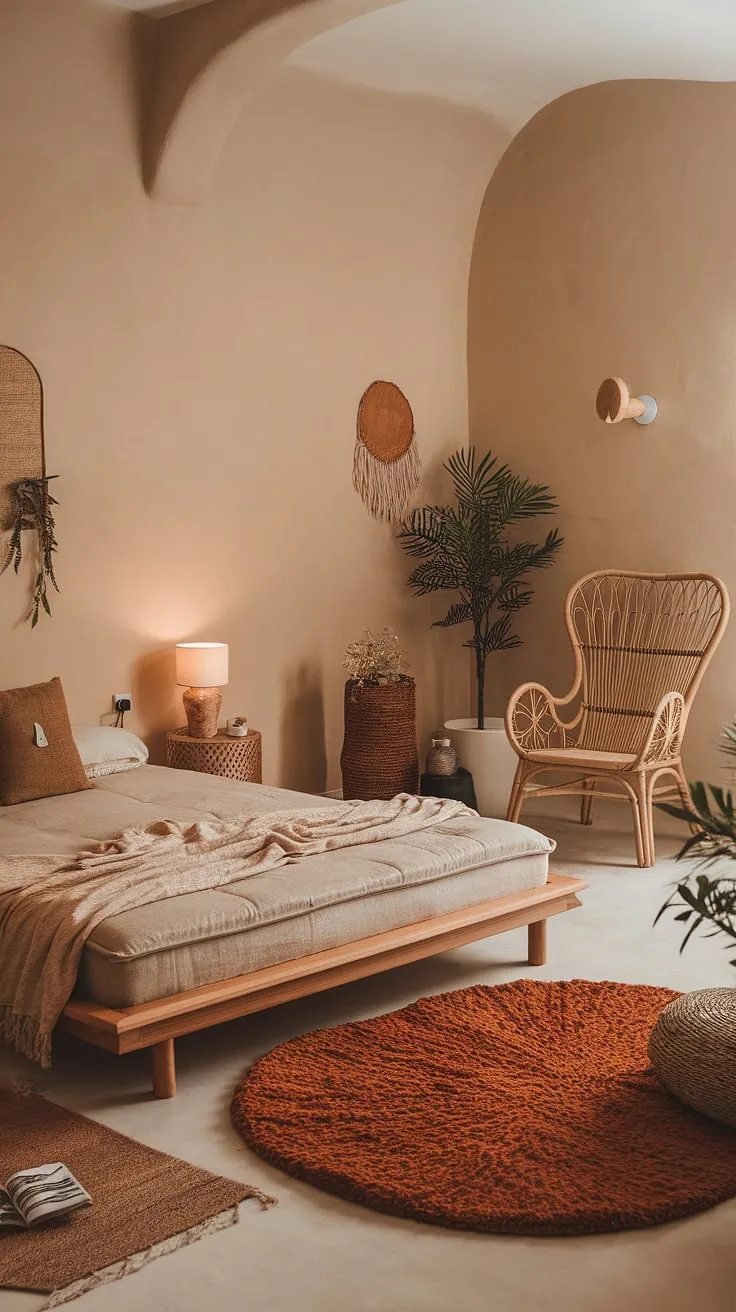 Transform your master bedroom design with earthy decor and a cozy boho vibe, featuring a wooden bed, rattan chair, and warm hues for a refreshing bedroom remodel.
