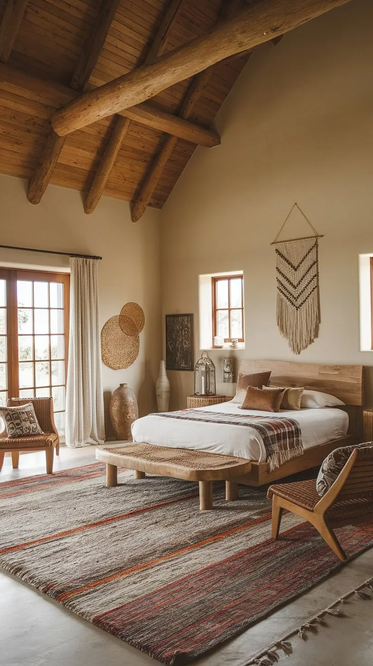 This earthy bedroom design combines cozy boho decor with natural textures and warm tones, perfect for a stylish bedroom refresh.