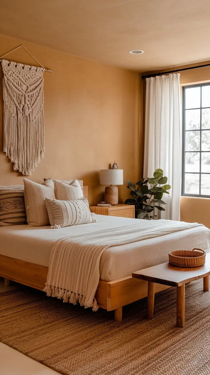 Transform your master bedroom with an earthy boho decor refresh, featuring warm beige walls, a cozy wooden bed, and natural elements for a tranquil atmosphere.