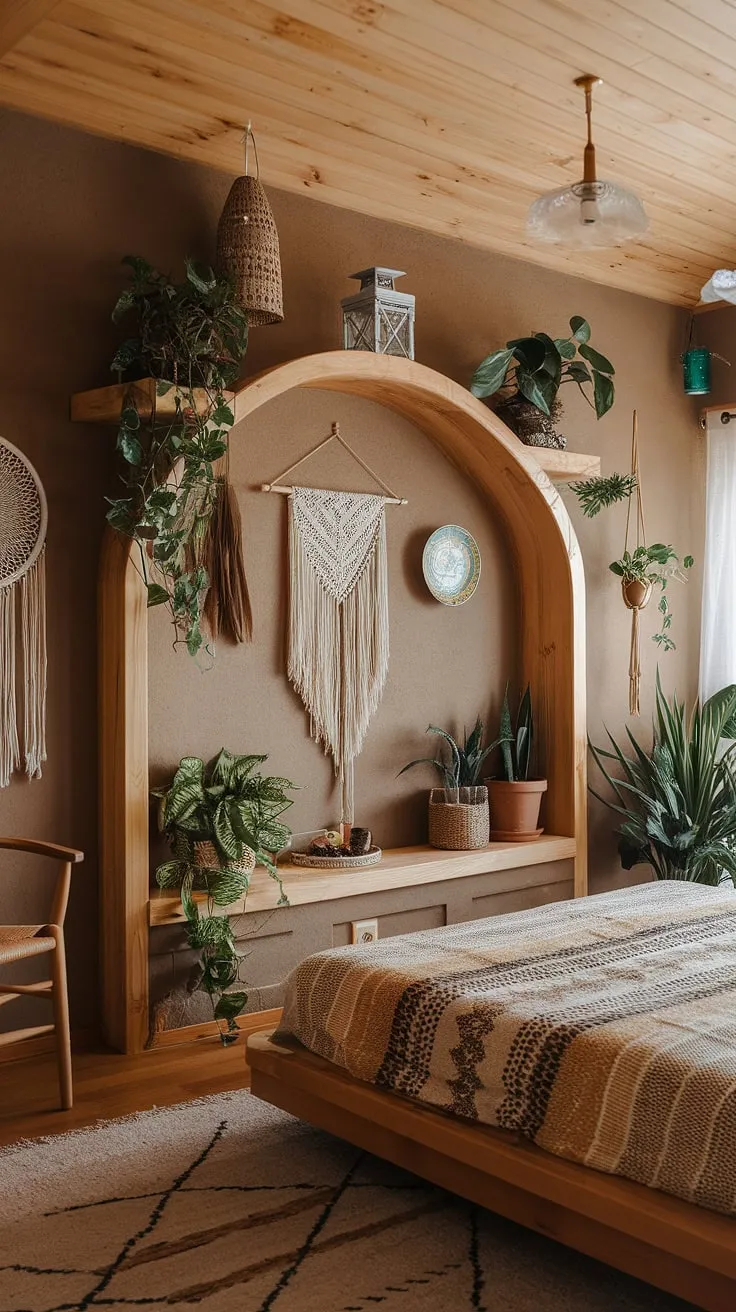 Create a cozy bedroom remodel with earthy design elements, including wooden accents and lush plants, for a tranquil boho vibe.