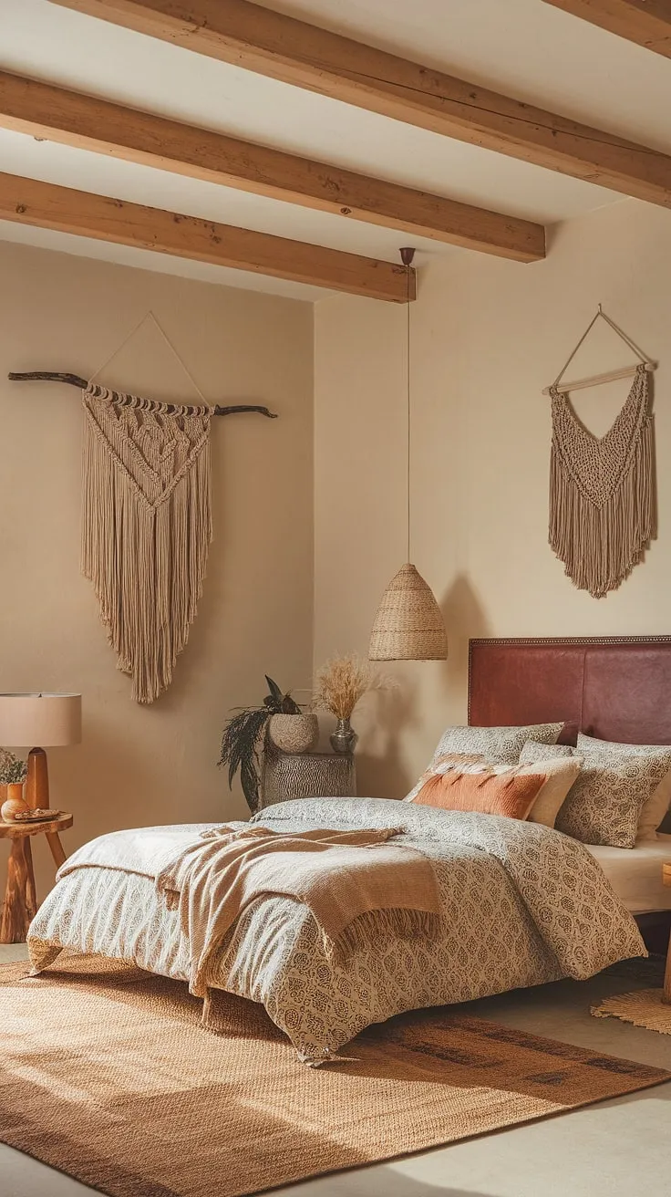Transform your master bedroom design with a cozy, earthy bedroom that features boho decor, wooden beams, and natural elements for a refreshing remodel.
