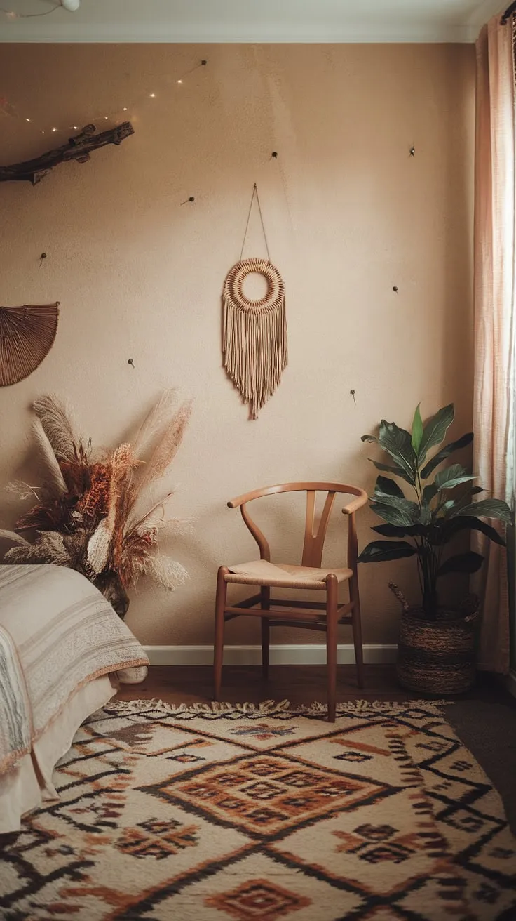 Transform your master bedroom design with a cozy earthy boho bedroom featuring beige walls, a patterned rug, and soft lighting for a refreshing bedroom remodel.