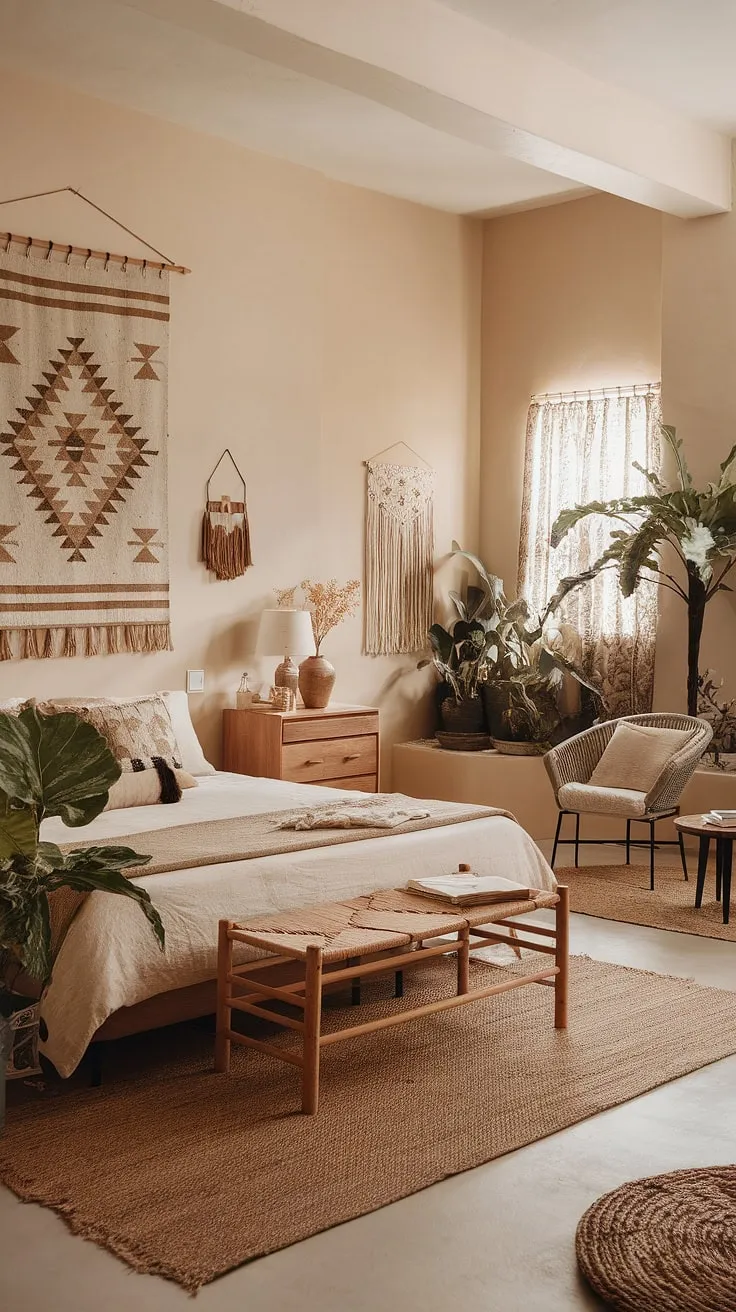 This earthy bedroom remodel combines natural elements and boho-chic decor to create a warm and inviting space ideal for relaxation.