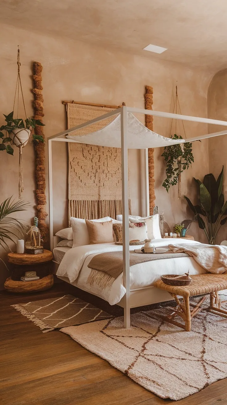 Create a tranquil earthy bedroom oasis with boho decor, wooden accents, and lush greenery for a stylish bedroom refresh.