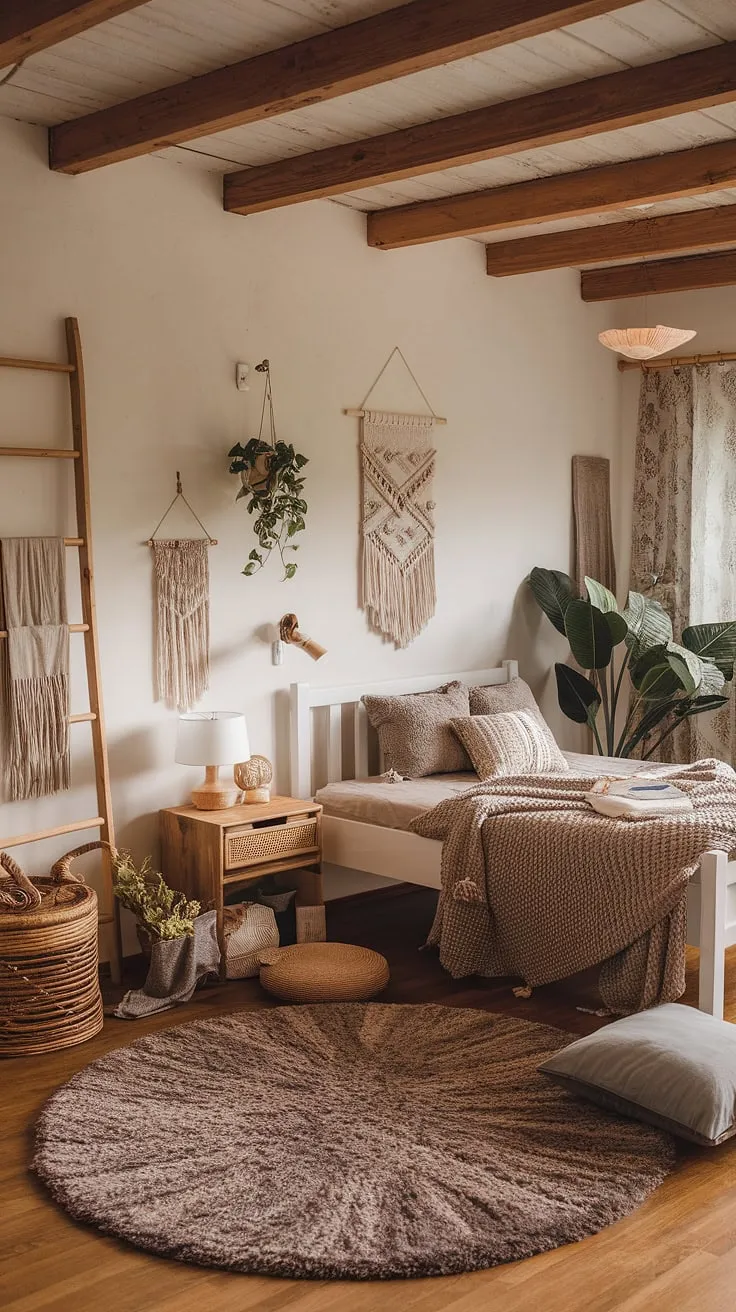 This earthy design showcases a cozy bedroom remodel, blending boho style with natural accents for a warm and inviting atmosphere.