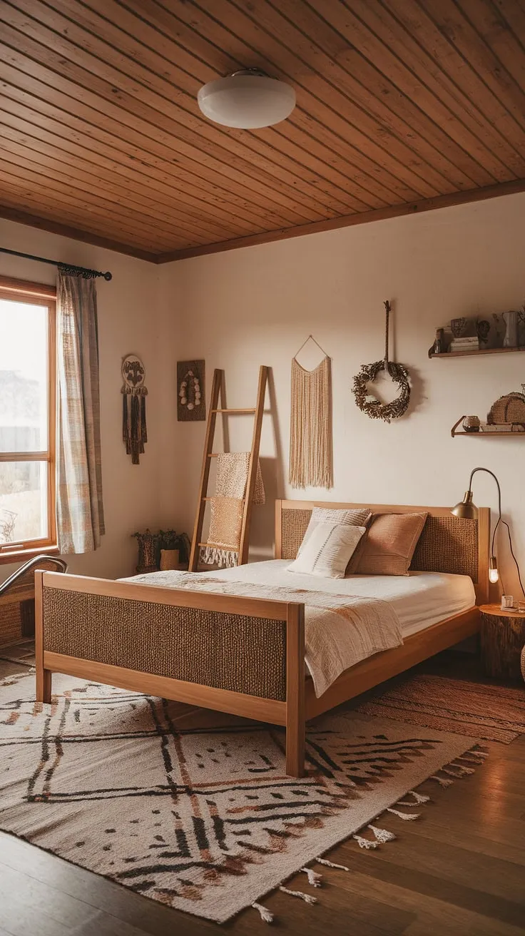 Create a cozy bedroom atmosphere with earthy design elements in your bedroom refresh, showcasing a beautiful blend of boho style and natural decor.