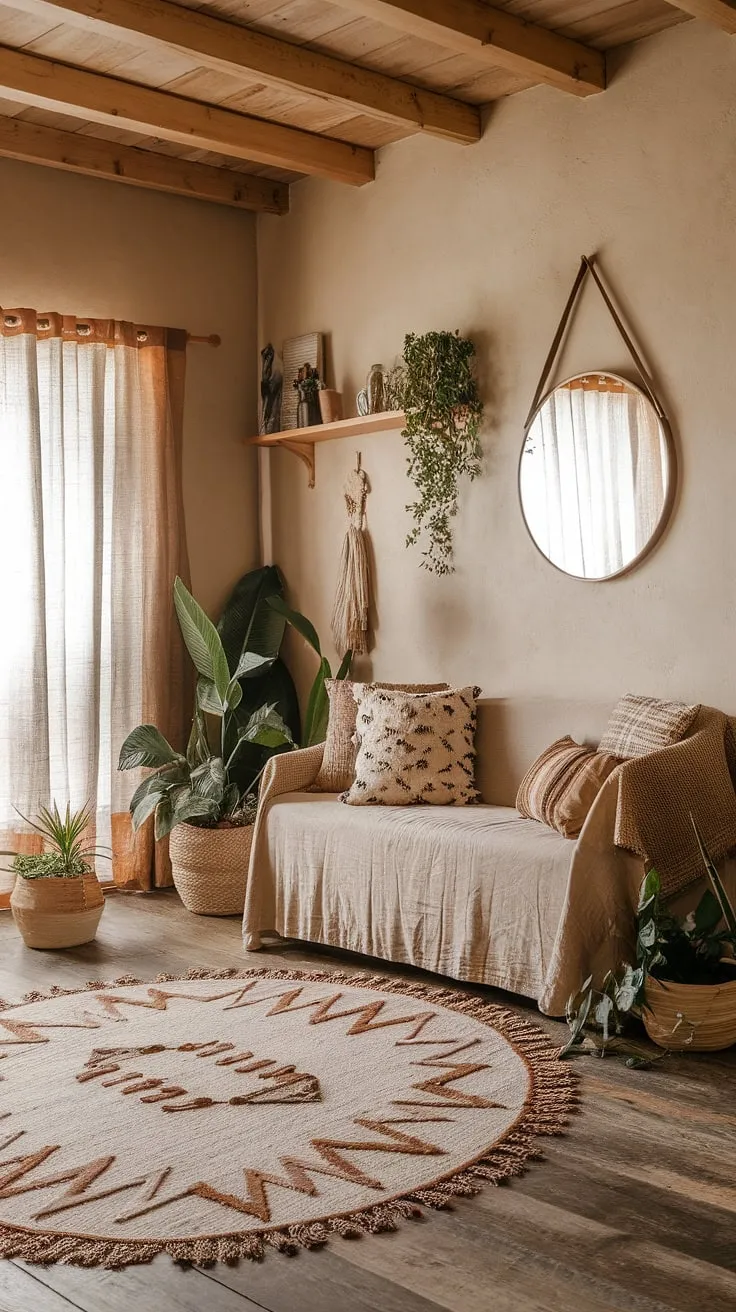 Transform your master bedroom with earthy decor and a cozy boho vibe, featuring beige walls, a tribal-patterned rug, and natural elements for a refreshing remodel.