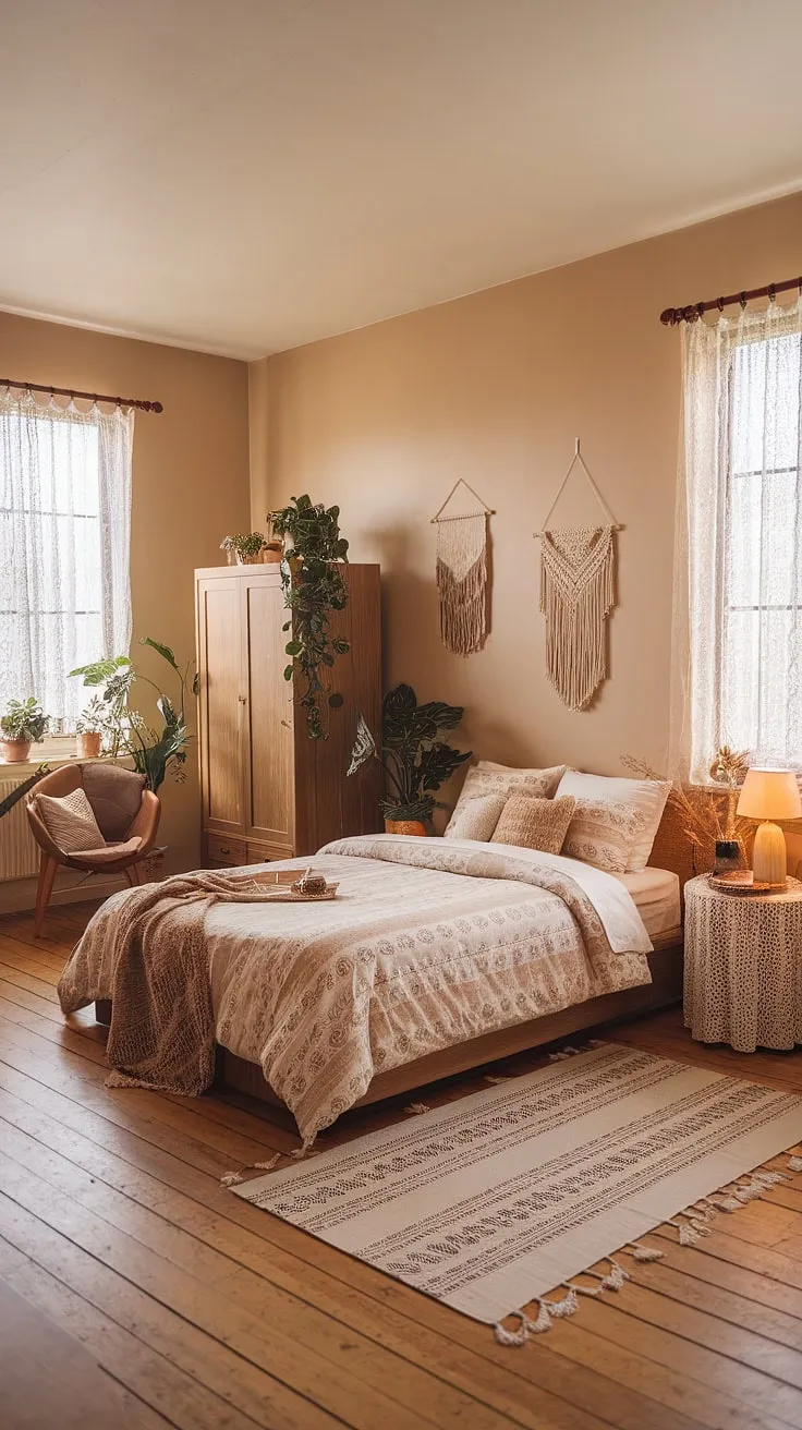 Create a natural bedroom ambiance with earthy design elements in your bedroom refresh, showcasing a cozy vibe through stylish furnishings and decor.