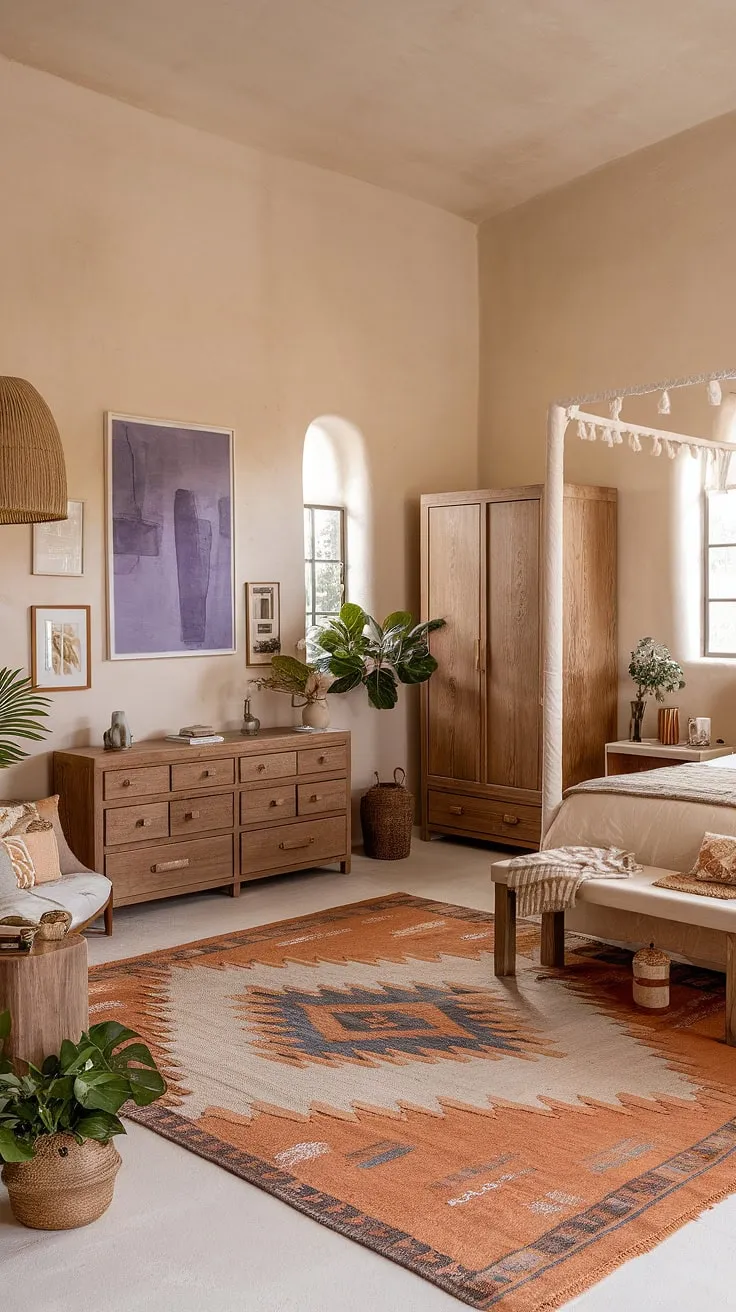 Transform your master bedroom with a cozy, earthy boho design featuring soft beige tones, natural decor, and inviting elements for a refreshing remodel.