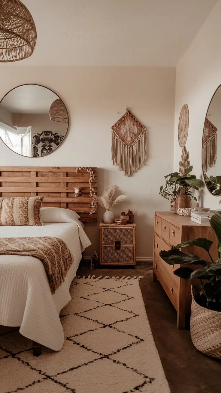 Create a tranquil natural bedroom with earthy design elements, including a wooden headboard, plants, and a round mirror for a stylish bedroom remodel.