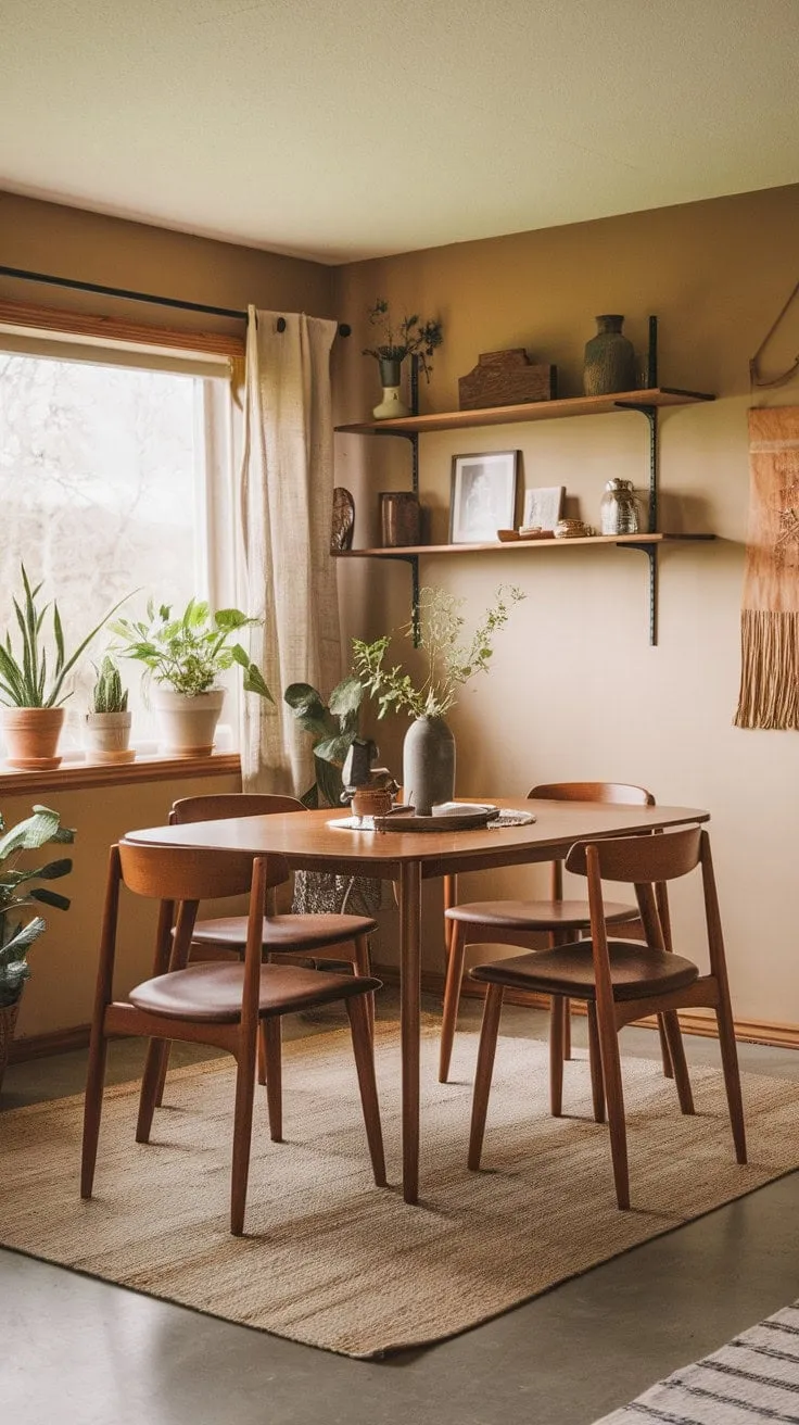 This mid-century modern farmhouse dining room exudes tranquility with its earthy tones and natural light, making it an inviting sanctuary for cherished gatherings.