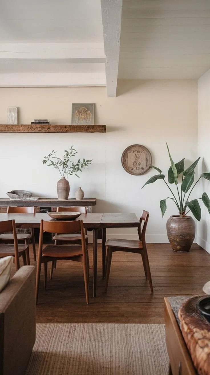 This airy dining room harmoniously fuses mid-century modern elegance with farmhouse warmth, featuring a central wooden table, cozy seating, and a touch of vibrant greenery for a serene and inviting atmosphere.