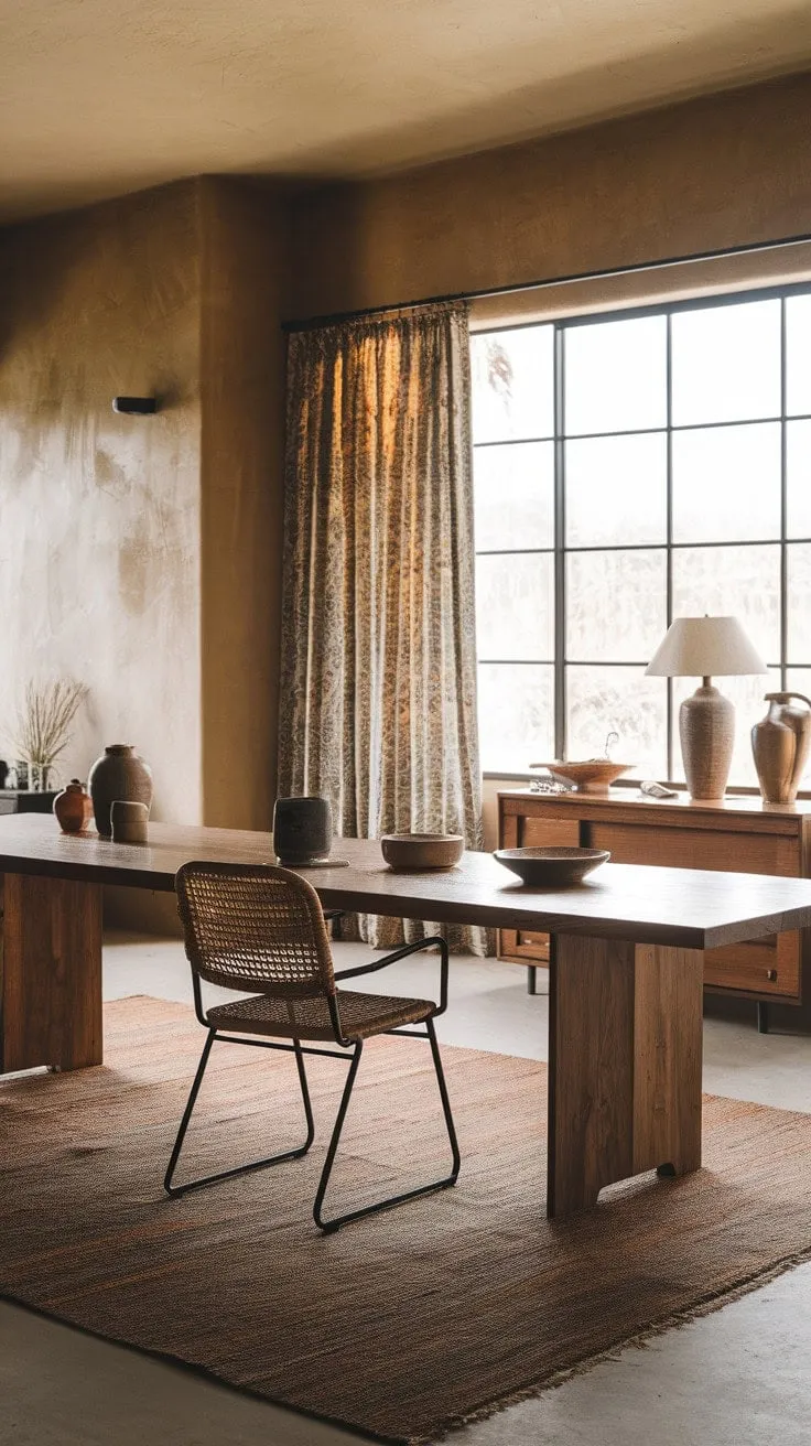 This mid-century modern farmhouse dining room harmoniously fuses rustic charm and contemporary elegance, creating a serene sanctuary for connection and gathering.