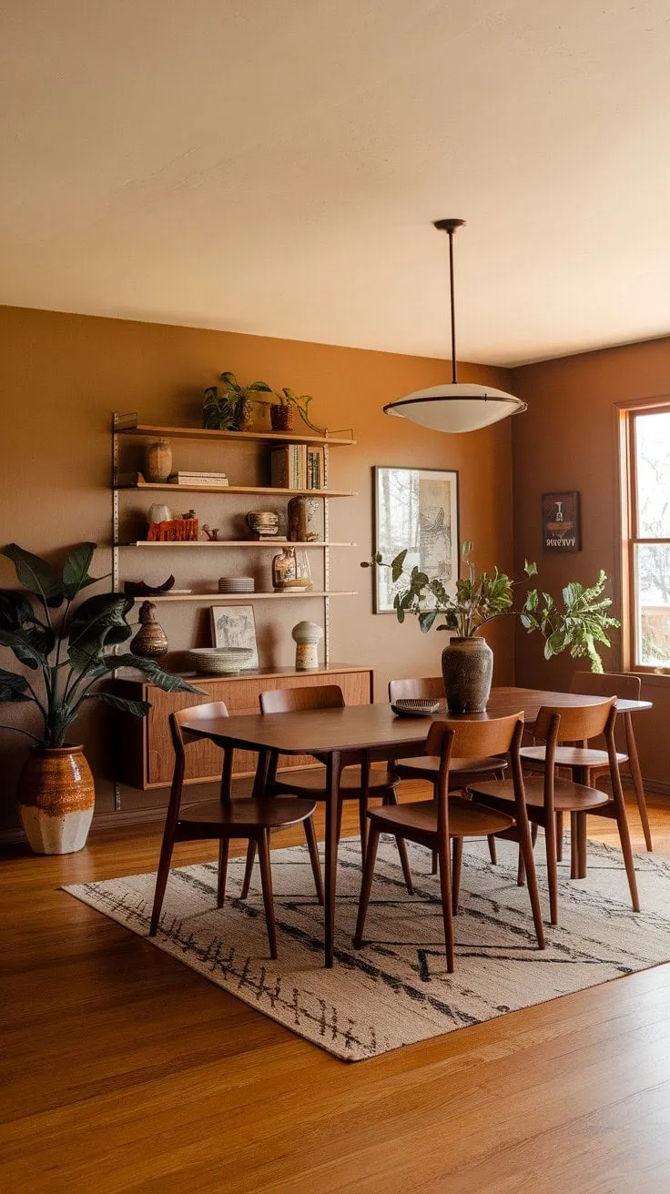 Bathed in sunlight, this serene dining space blends mid-century modern and farmhouse aesthetics, creating a harmonious haven for connection amidst rich textures and lush greenery.