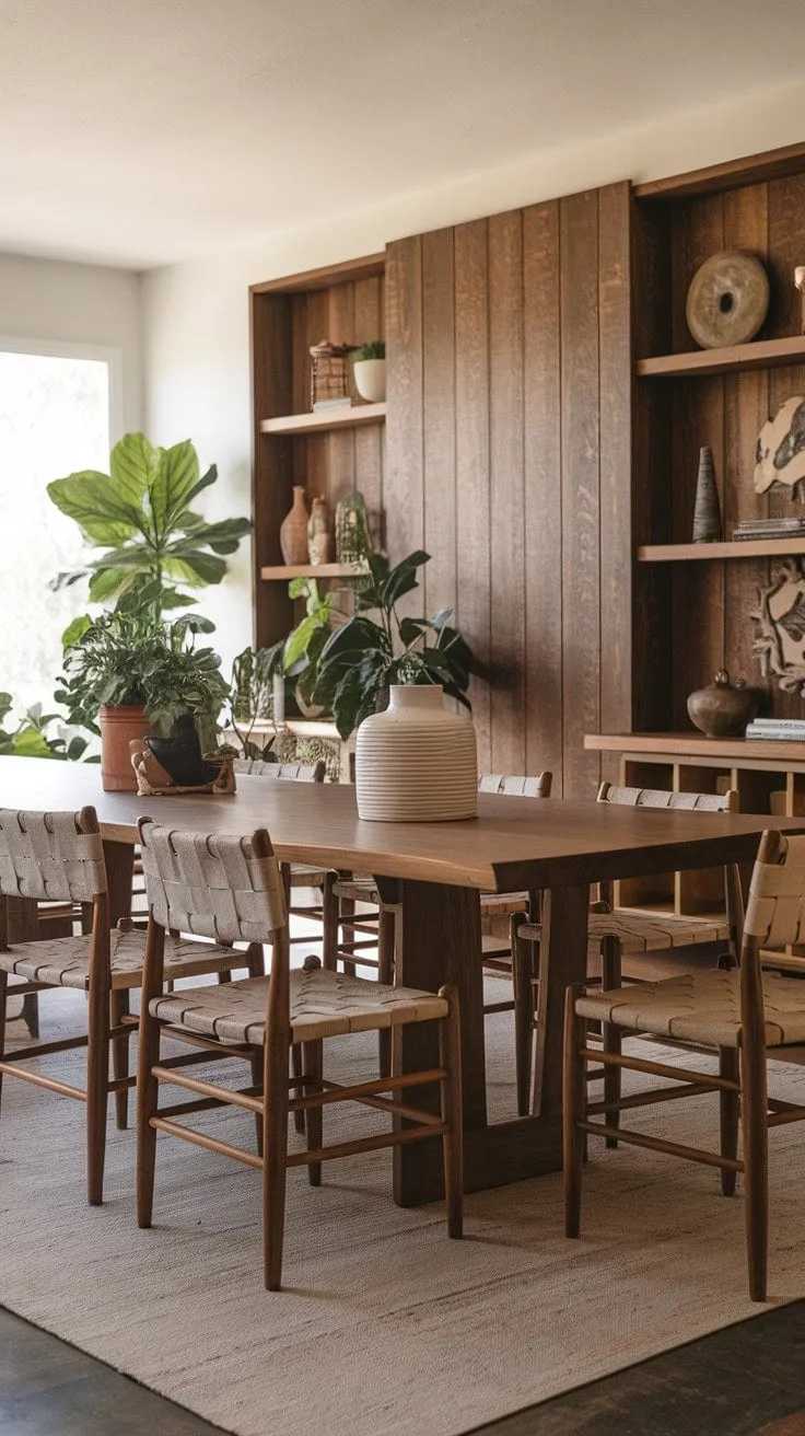 Bathed in sunlight, this mid-century modern dining space exudes comfort and elegance with its rich textures, woven chairs, and vibrant greenery, making it an inviting gathering spot.