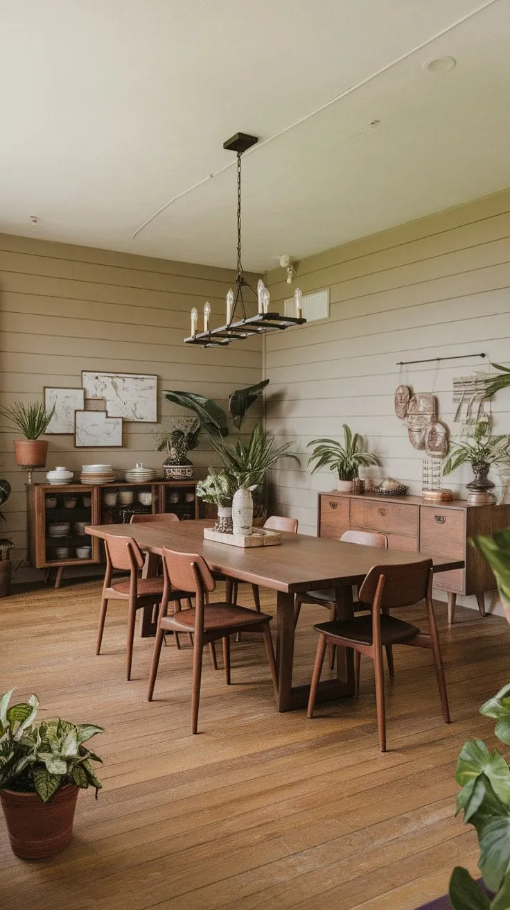 This mid-century modern farmhouse dining room exudes warmth and style with its earthy tones, rustic accents, and a curated collection of dishes that invite both comfort and personality.