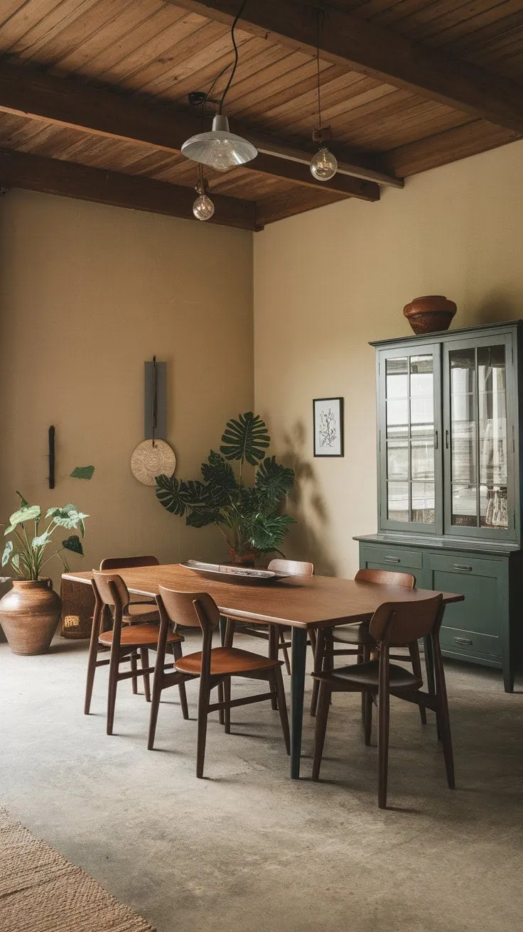 This mid-century modern farmhouse dining room blends understated elegance with vibrant accents, creating a tranquil haven for cherished memories and delightful meals.