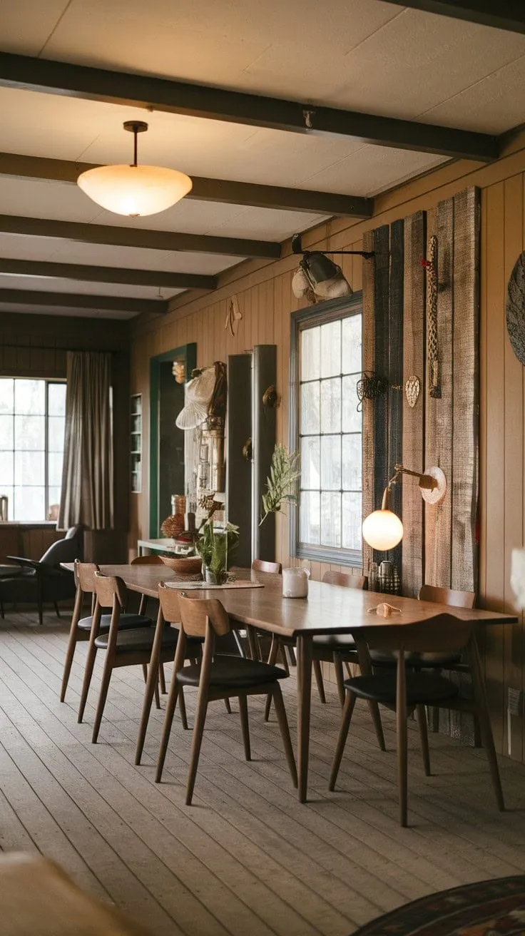 This mid-century modern farmhouse dining room harmoniously blends rustic charm and contemporary elegance, creating a warm and inviting sanctuary for connection and conversation.