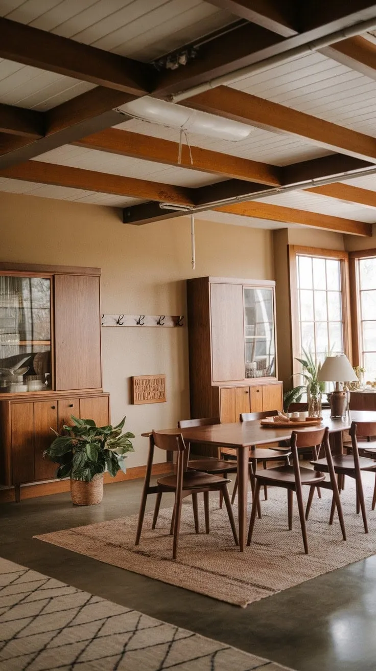Bathed in sunlight, this mid-century farmhouse dining room blends rich textures and natural hues, creating a timeless sanctuary for simple pleasures.