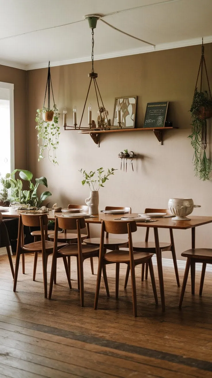 Sunlight dances through the window, highlighting the intentional charm of a mid-century modern farmhouse dining room, where a vintage chandelier and curated decor promise a tapestry of memorable gatherings.