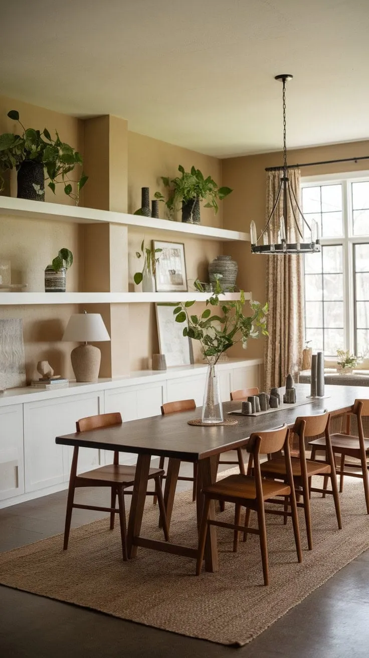 This dining room harmoniously fuses rustic farmhouse charm with mid-century modern elegance, creating a warm and inviting haven for cherished moments.