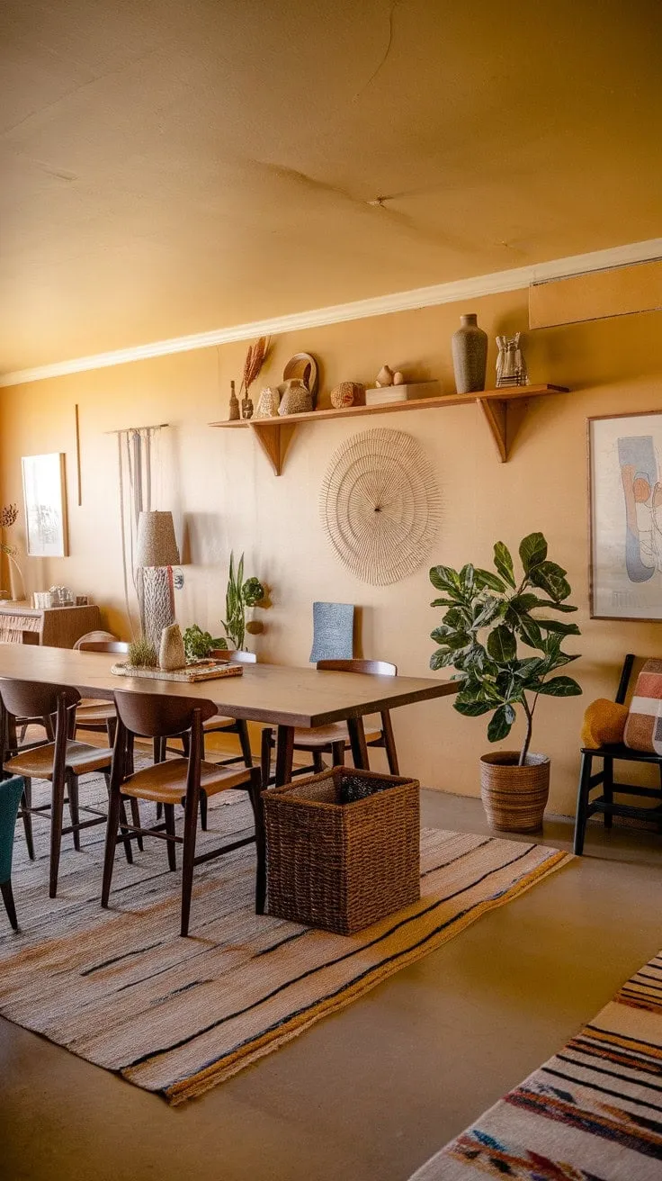 Step into a charming mid-century modern farmhouse dining room where warm yellow walls and wooden accents invite you to create cherished memories in effortlessly stylish comfort.