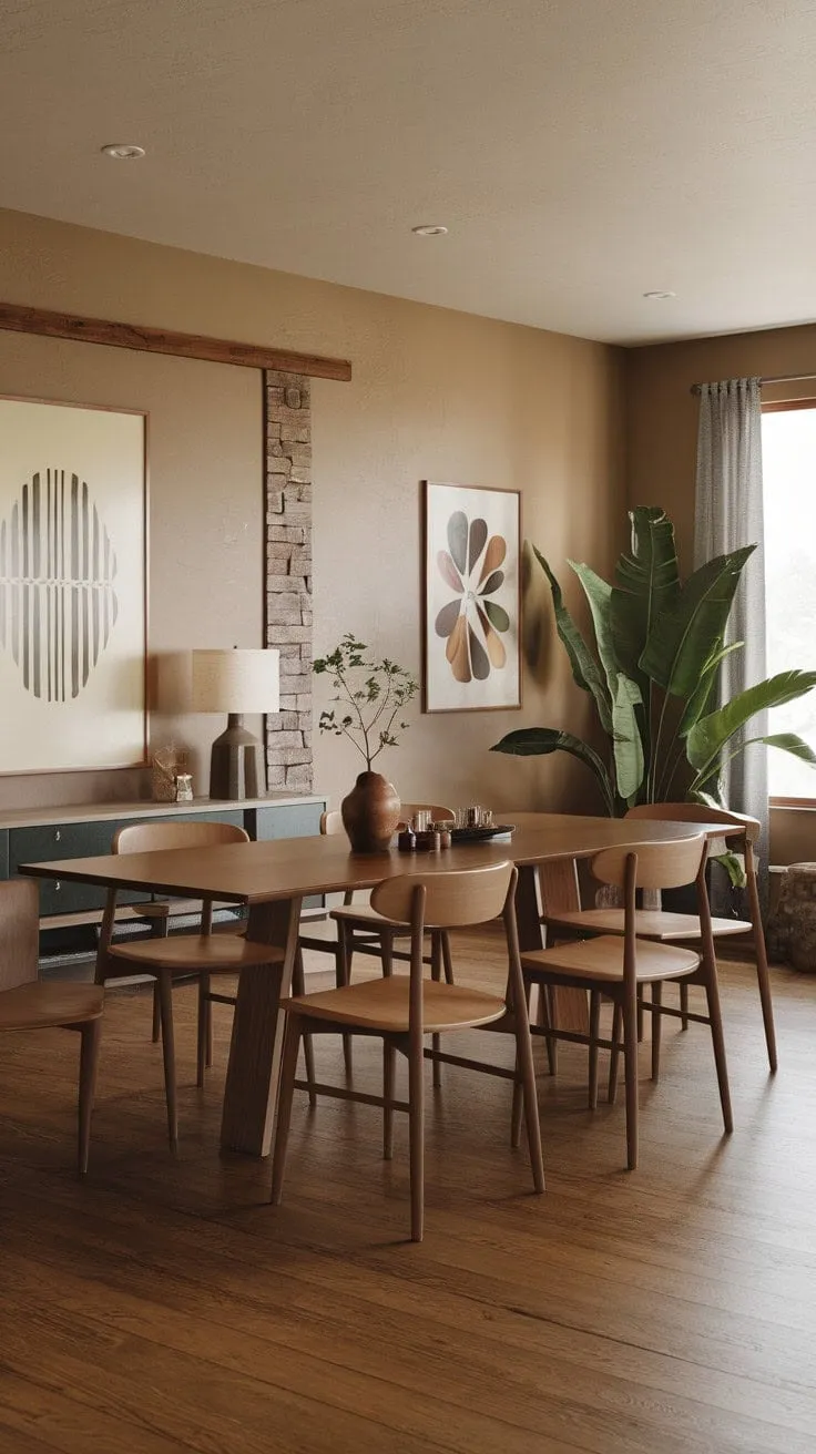 Sunlight bathes the mid-century modern farmhouse dining room in warmth, inviting lively conversations around a rustic wooden table amidst a serene atmosphere of thoughtful design.