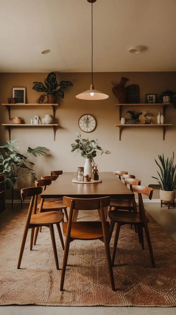 This mid-century modern farmhouse dining room blends understated elegance with a serene atmosphere, making every gathering feel like a special occasion.