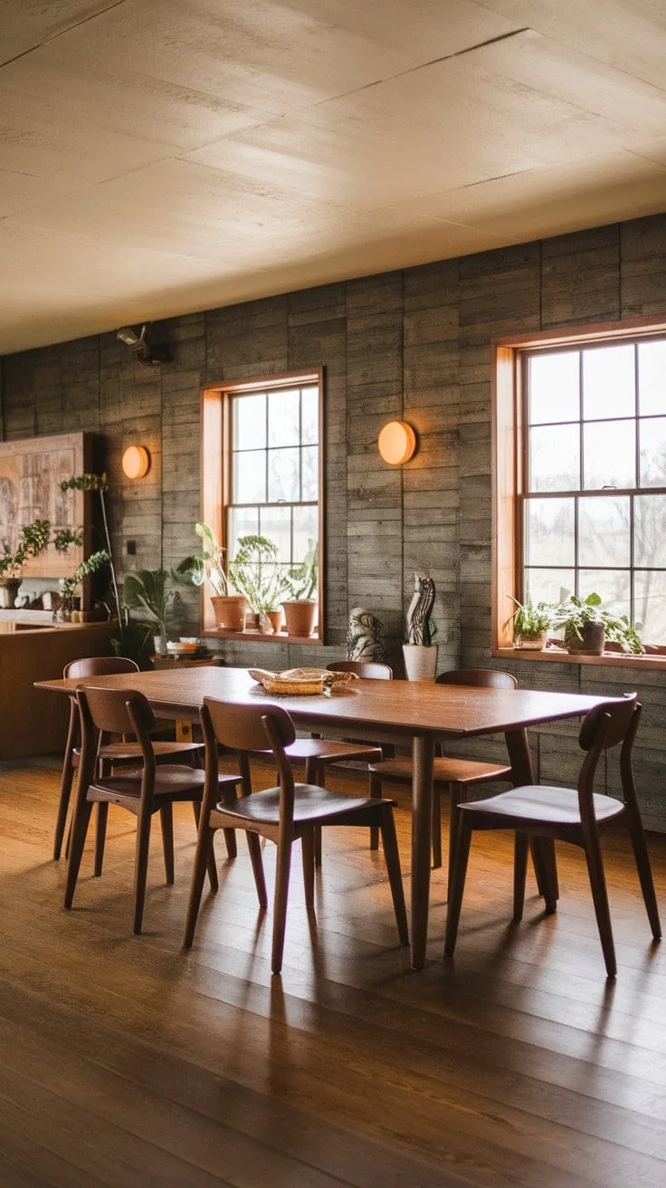 Bathed in sunlight, this mid-century modern farmhouse dining space blends rich wood tones and greenery, creating a serene haven for gatherings.