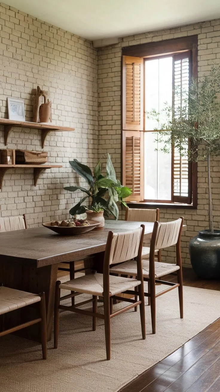 This mid-century farmhouse dining room exudes rustic elegance with its rich reclaimed wood, woven chairs, and exposed brick, creating a serene backdrop for intimate gatherings and cherished moments.